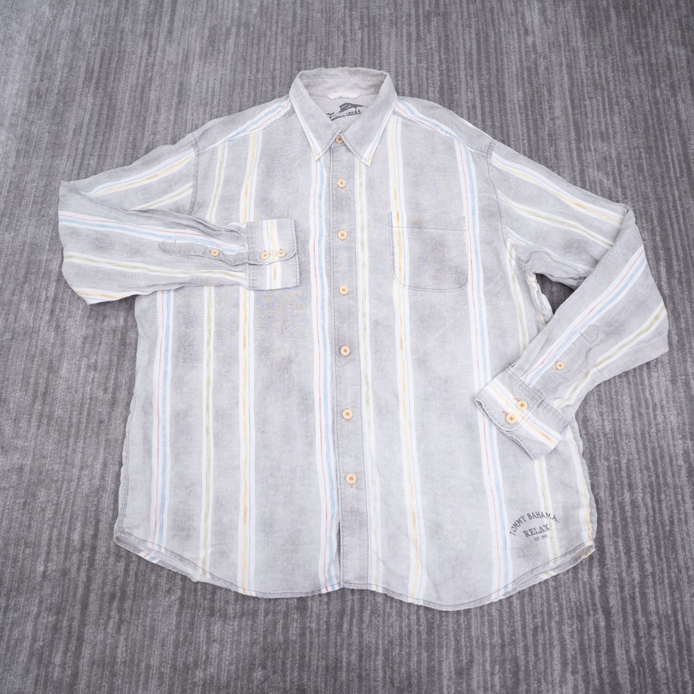 Tommy Bahama Relax Men XL Grey Striped 100% Linen Long‎ Sleeve Button Up Shirt